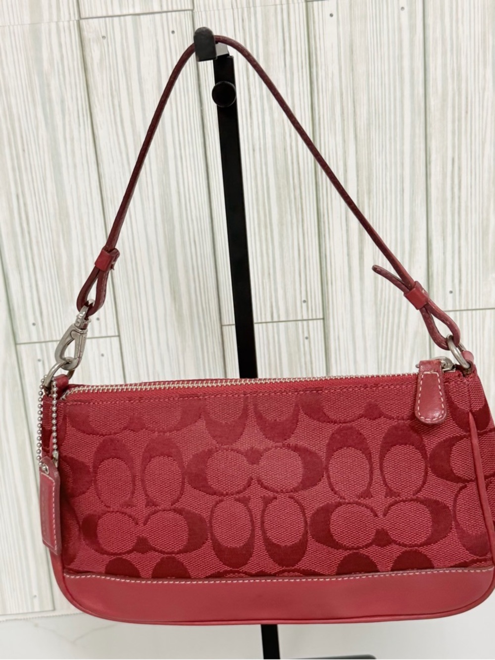 Coach Signature Jacquard Red Mini Shoulder Bag Y2K Baguette Purse Leather Trim - Picture 5 of 13